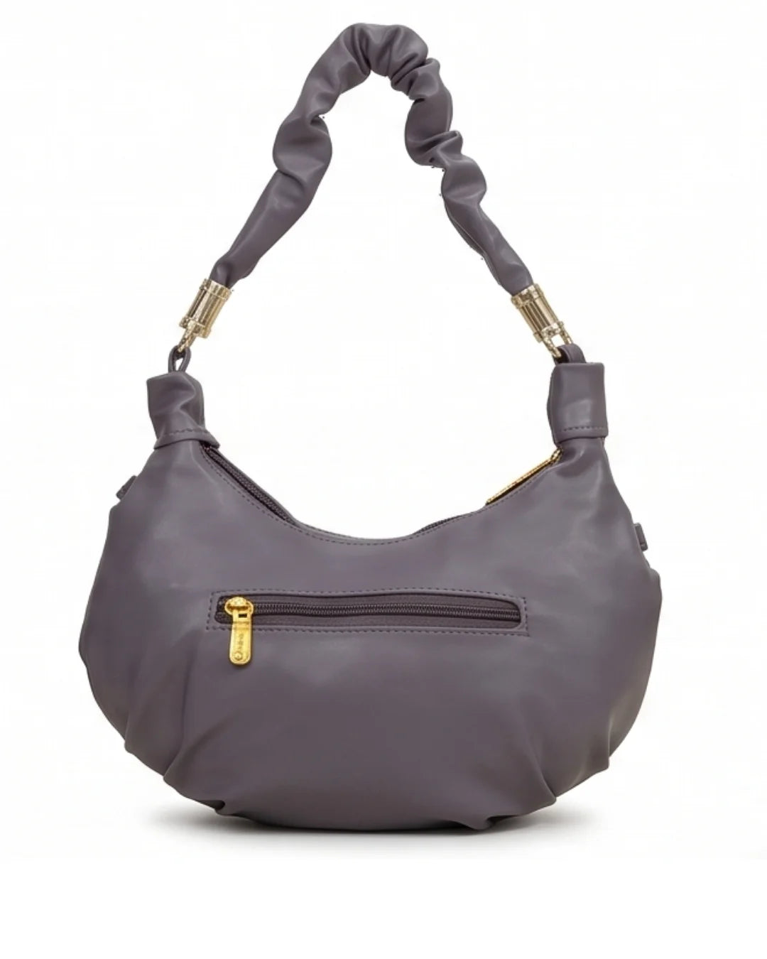 Gray handbag with gold zippers on a white background