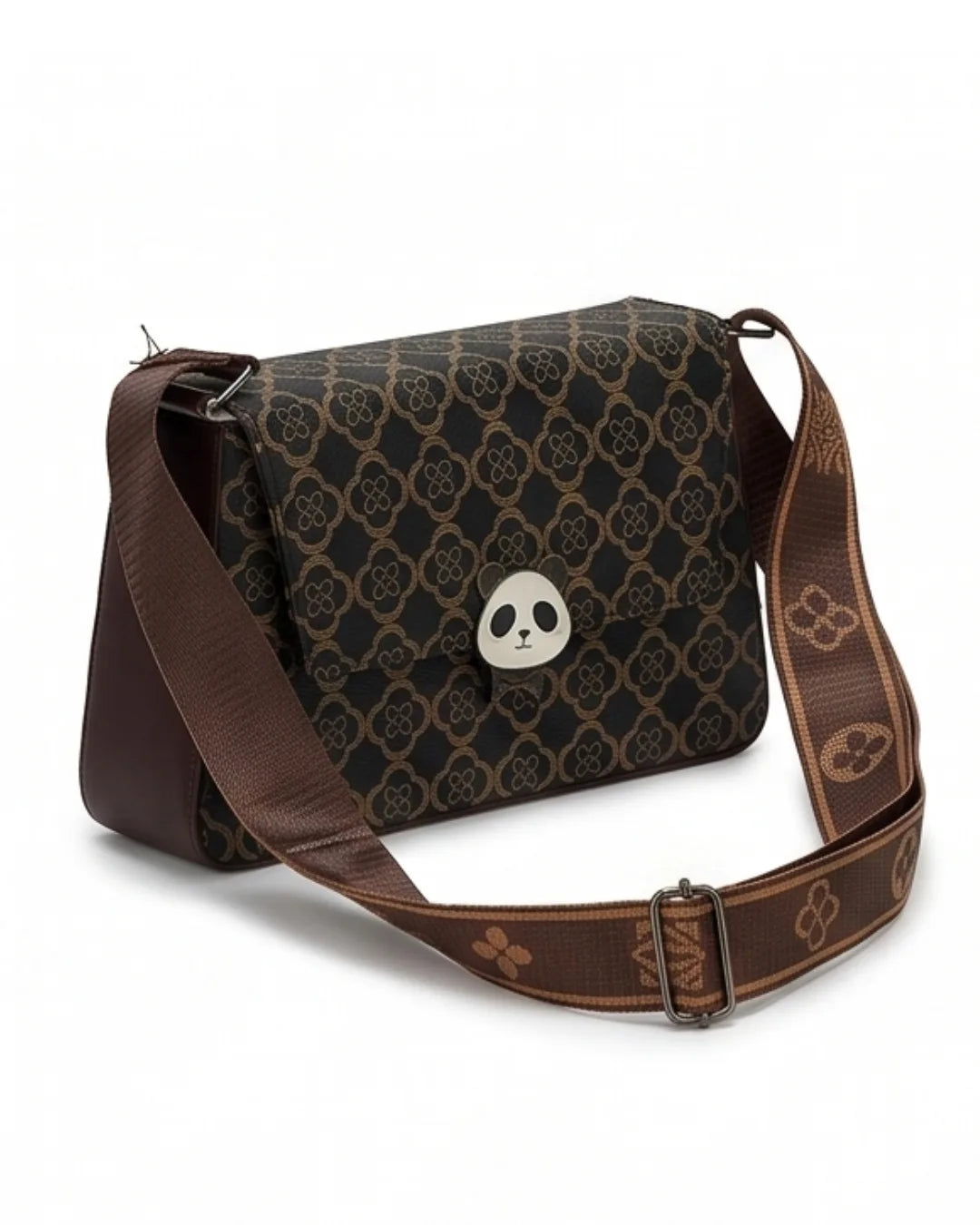 Patterned shoulder bag with a skull design on a white background