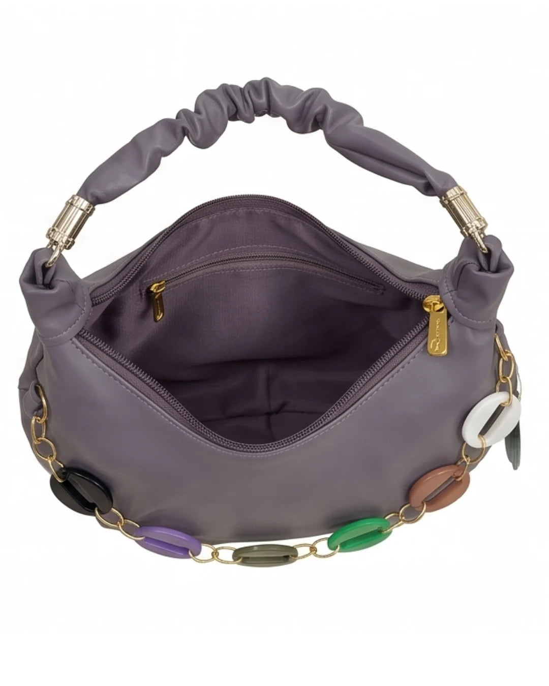 Purple handbag with decorative chain and colorful accents on a white background
