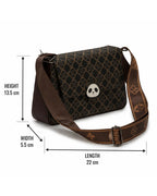 Brown patterned bag with measurements on a white background