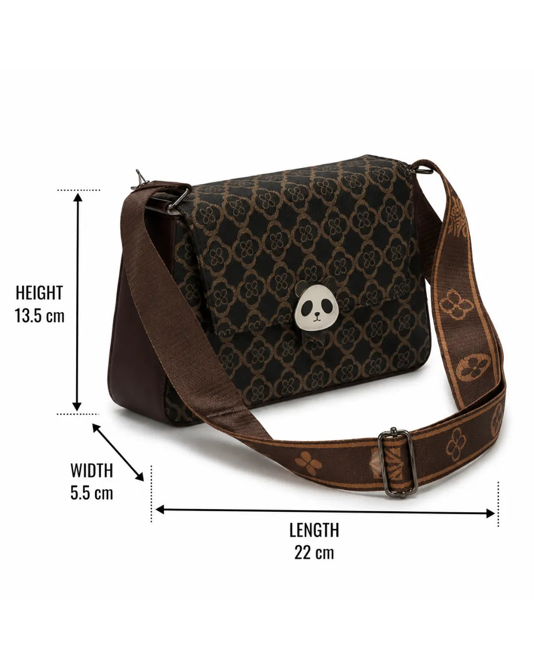 Brown patterned bag with measurements on a white background