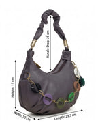 Gray handbag with decorative chain and measurements on a white background