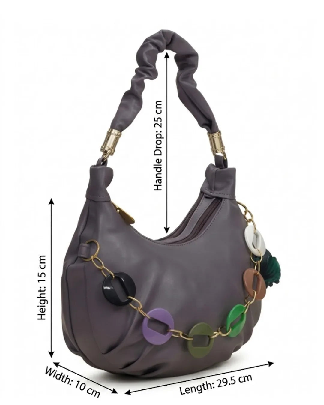 Gray handbag with decorative chain and measurements on a white background