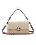 Beige handbag with a panda charm on a white background