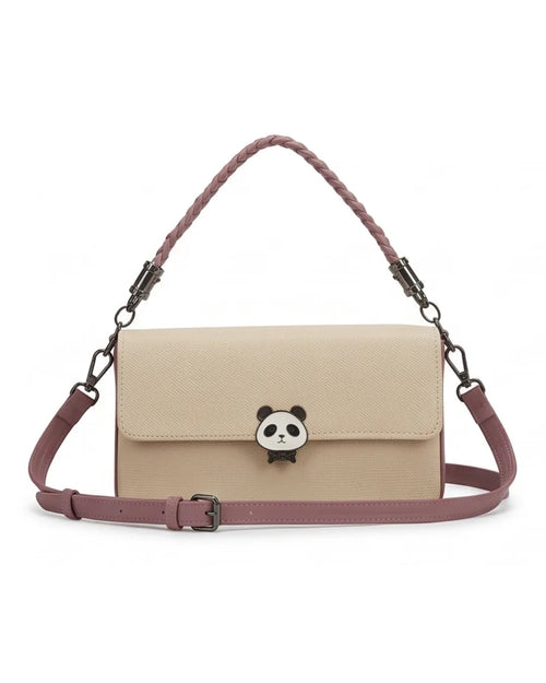 Beige handbag with a panda charm on a white background