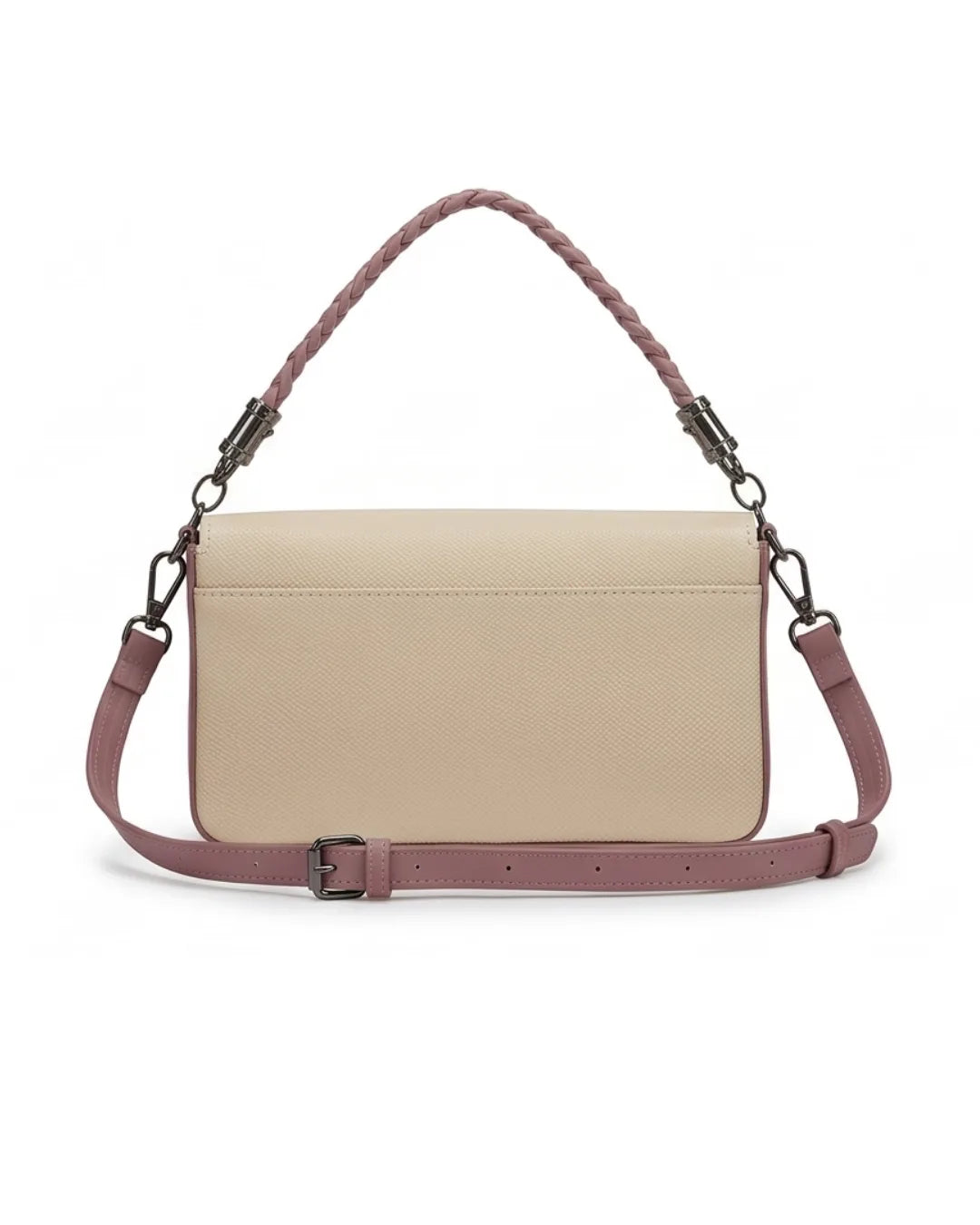 Beige handbag with a pink strap on a white background