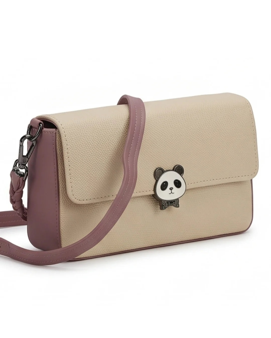 Beige handbag with a panda charm on a white background