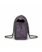 Purple handbag with black chain strap on a white background