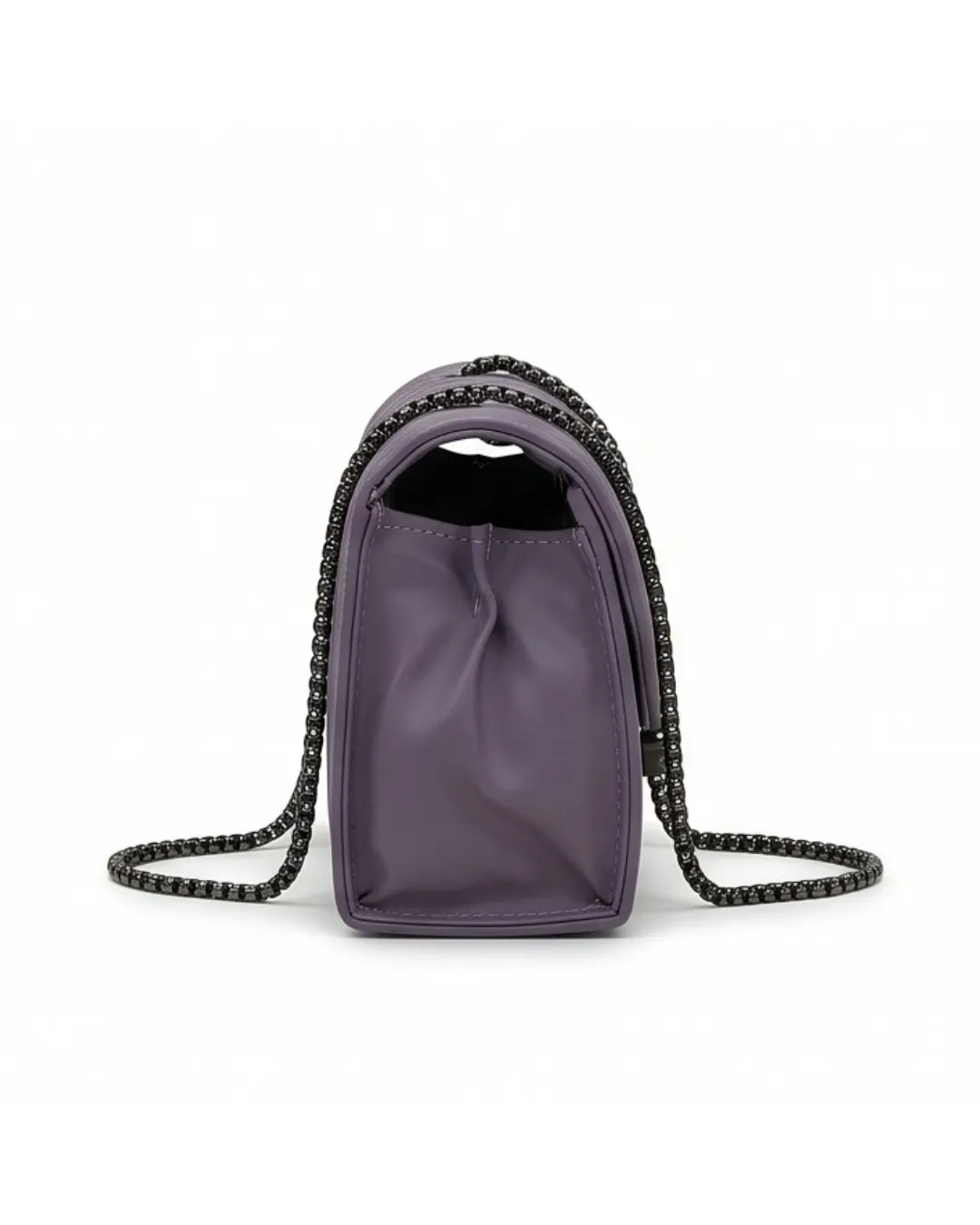 Purple handbag with black chain strap on a white background