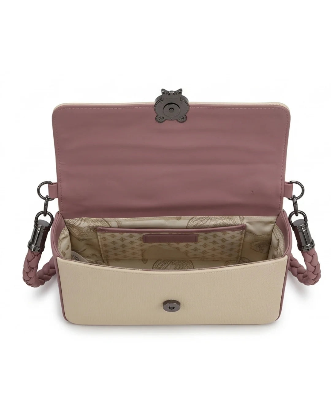 Open handbag with pink top section and beige bottom section on a white background