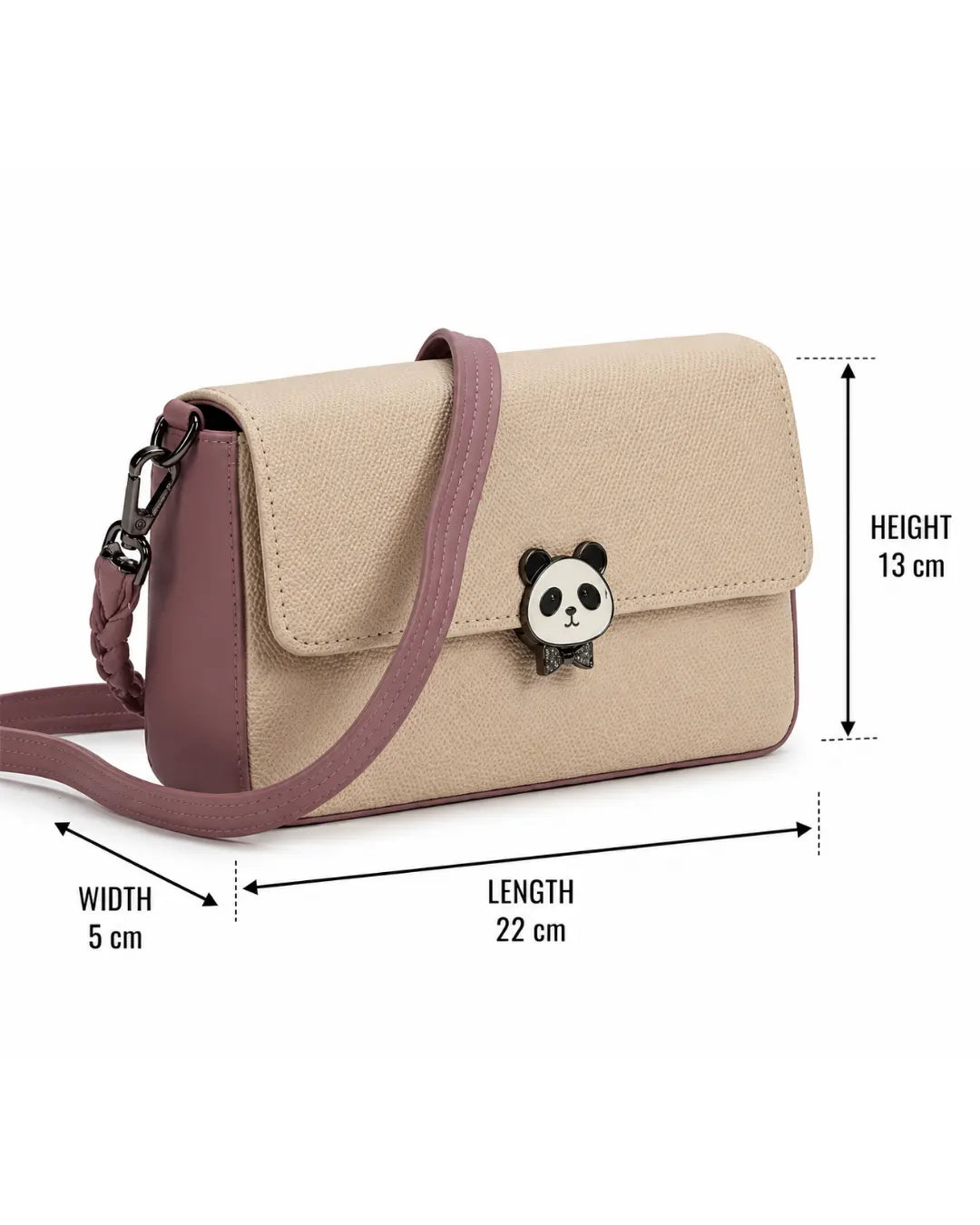 Beige handbag with a panda charm and dimensions on a white background