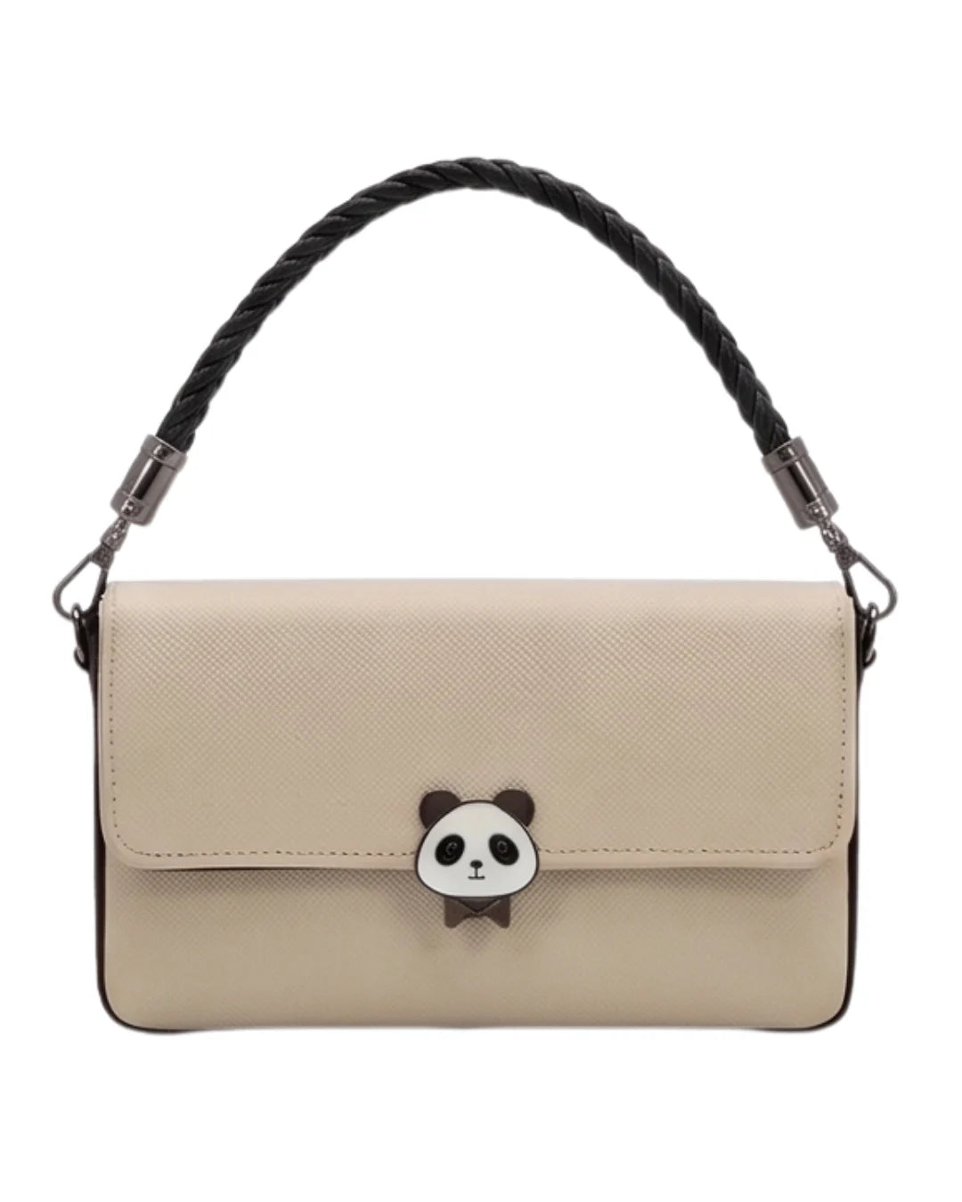 Beige handbag with a panda charm on a white background