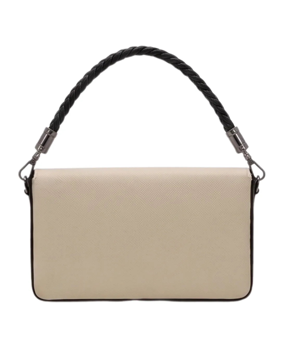 Beige handbag with a black braided handle on a white background