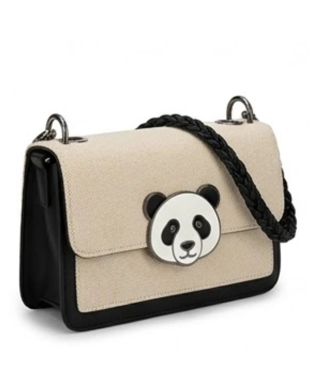 Beige handbag with a panda face design on a white background