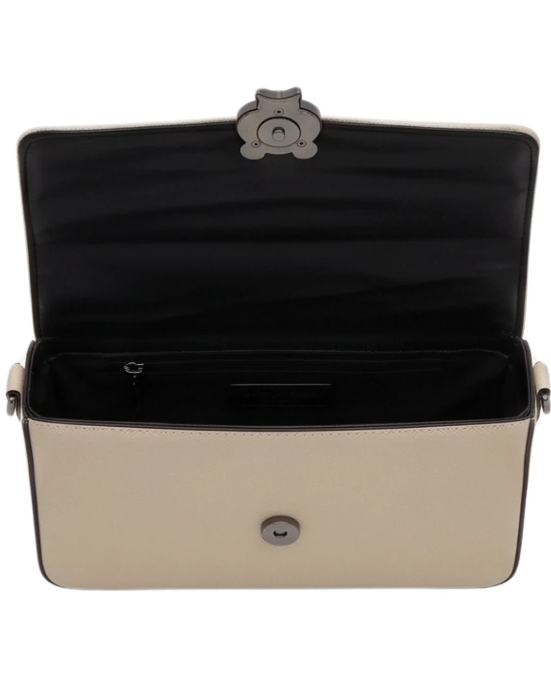 Beige handbag with black interior on a white background