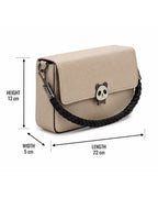 Beige handbag with panda charm and measurement details on a white background