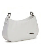 White handbag with black accents on a white background