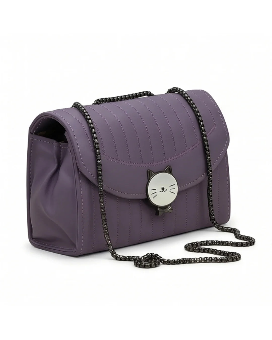 Purple handbag with a cat face emblem on a white background