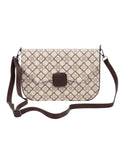 Patterned shoulder bag with a brown buckle on a white background
