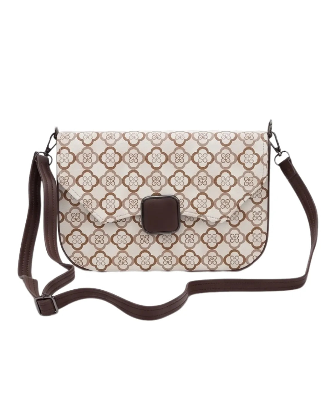 Patterned shoulder bag with a brown buckle on a white background