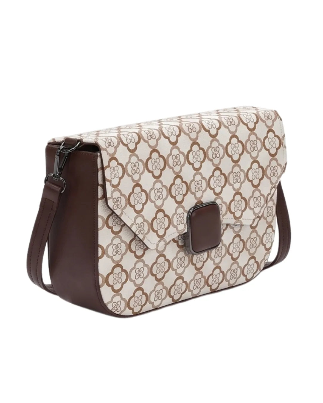 Patterned handbag with brown accents on a white background