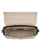 Open beige handbag with a patterned interior on a white background