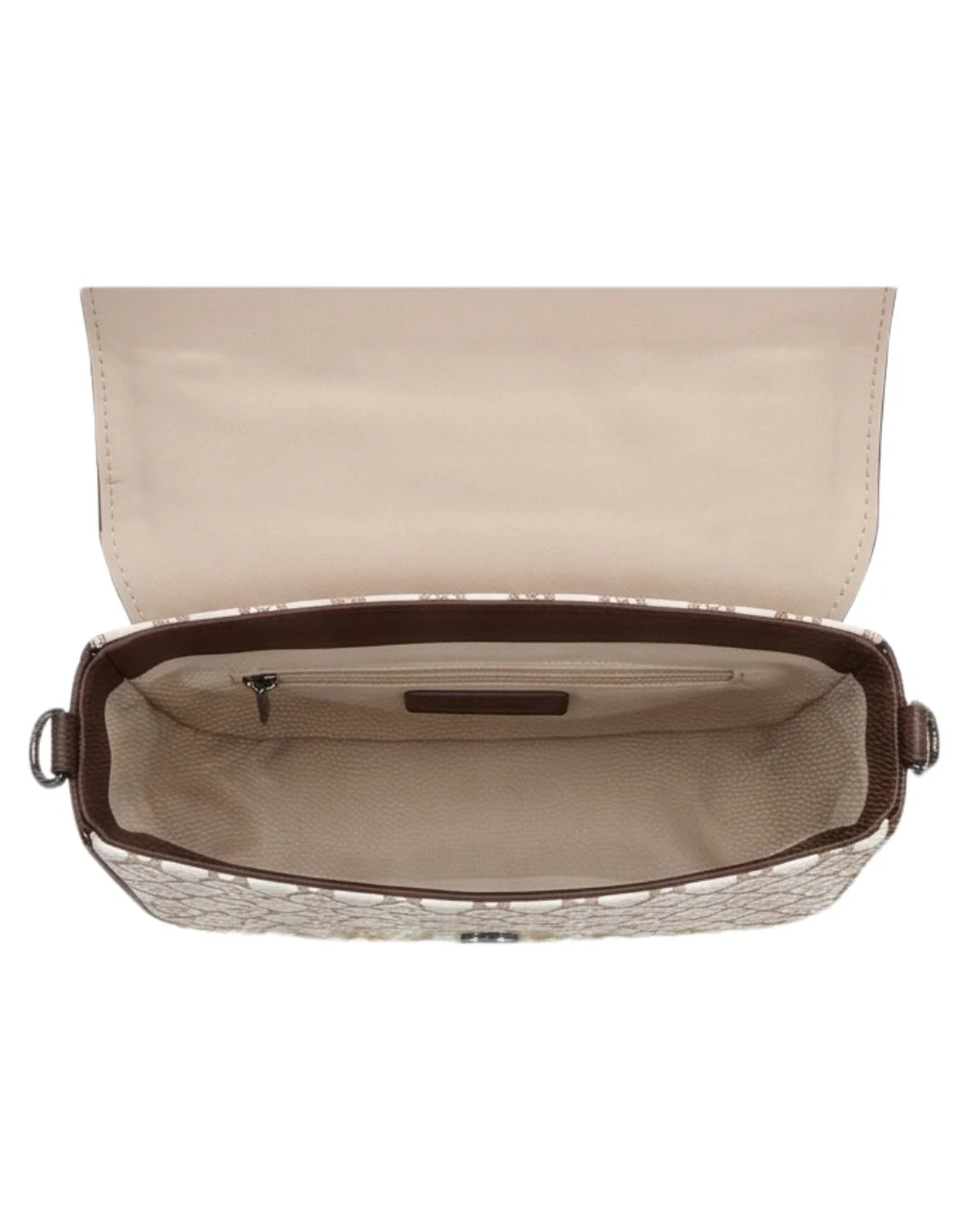 Open beige handbag with a patterned interior on a white background