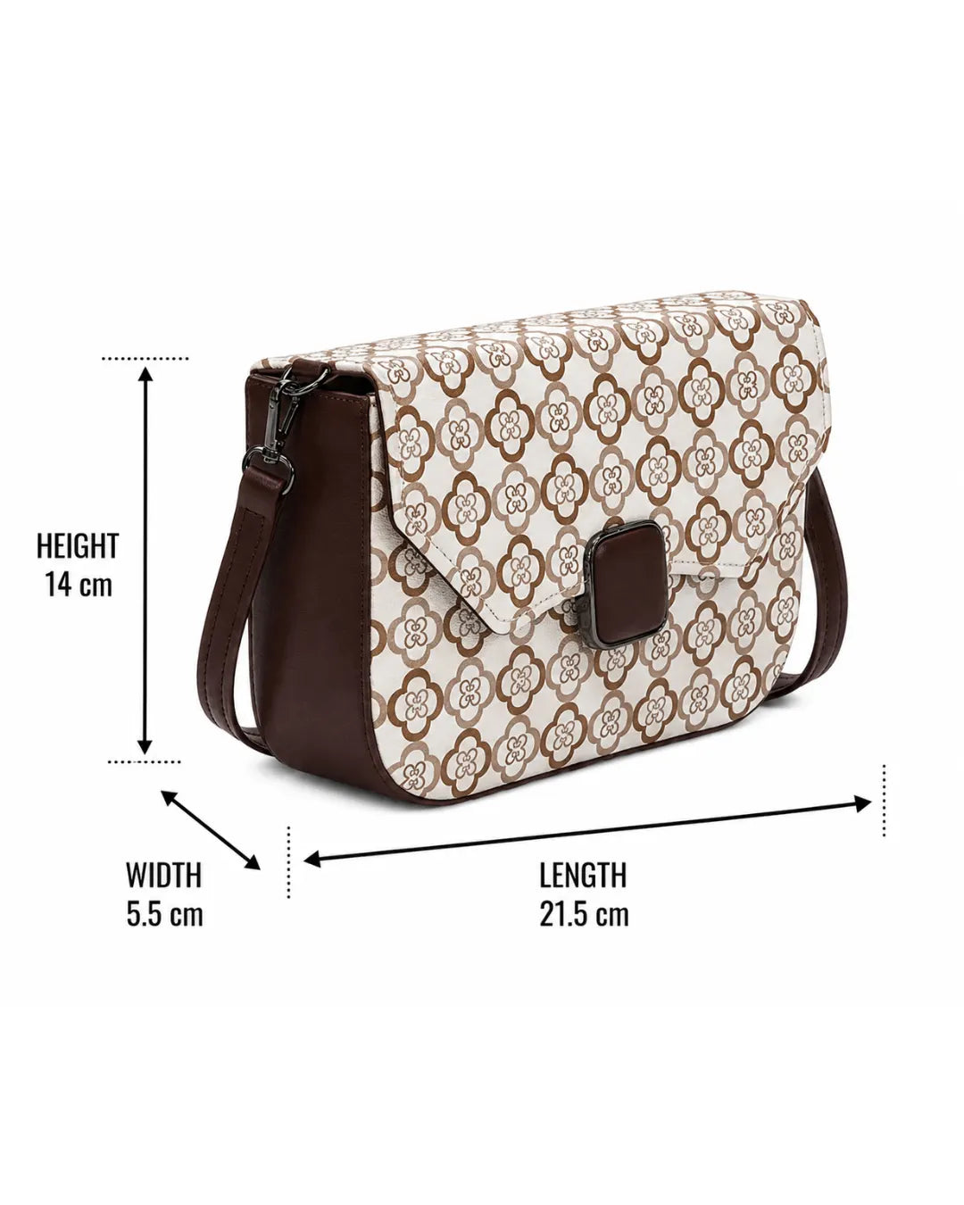 Patterned handbag with measurements on a white background