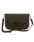 Patterned shoulder bag with a geometric design on a white background