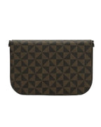 Black geometric patterned clutch bag on a white background