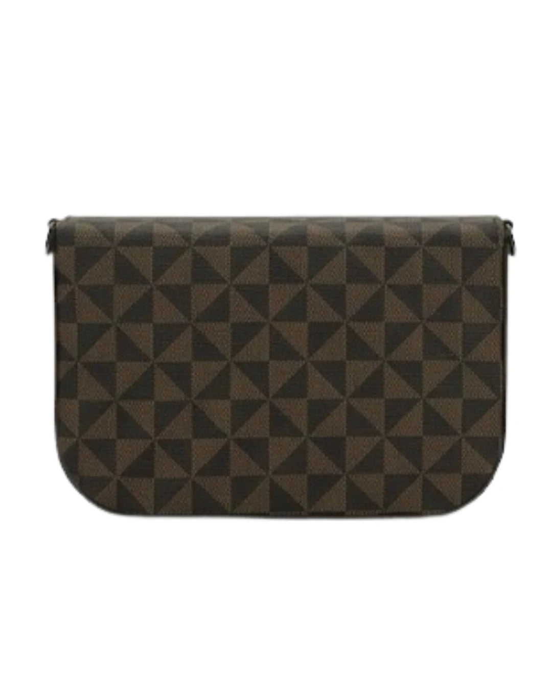 Black geometric patterned clutch bag on a white background