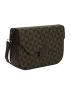 Brown geometric patterned bag with a strap on a white background