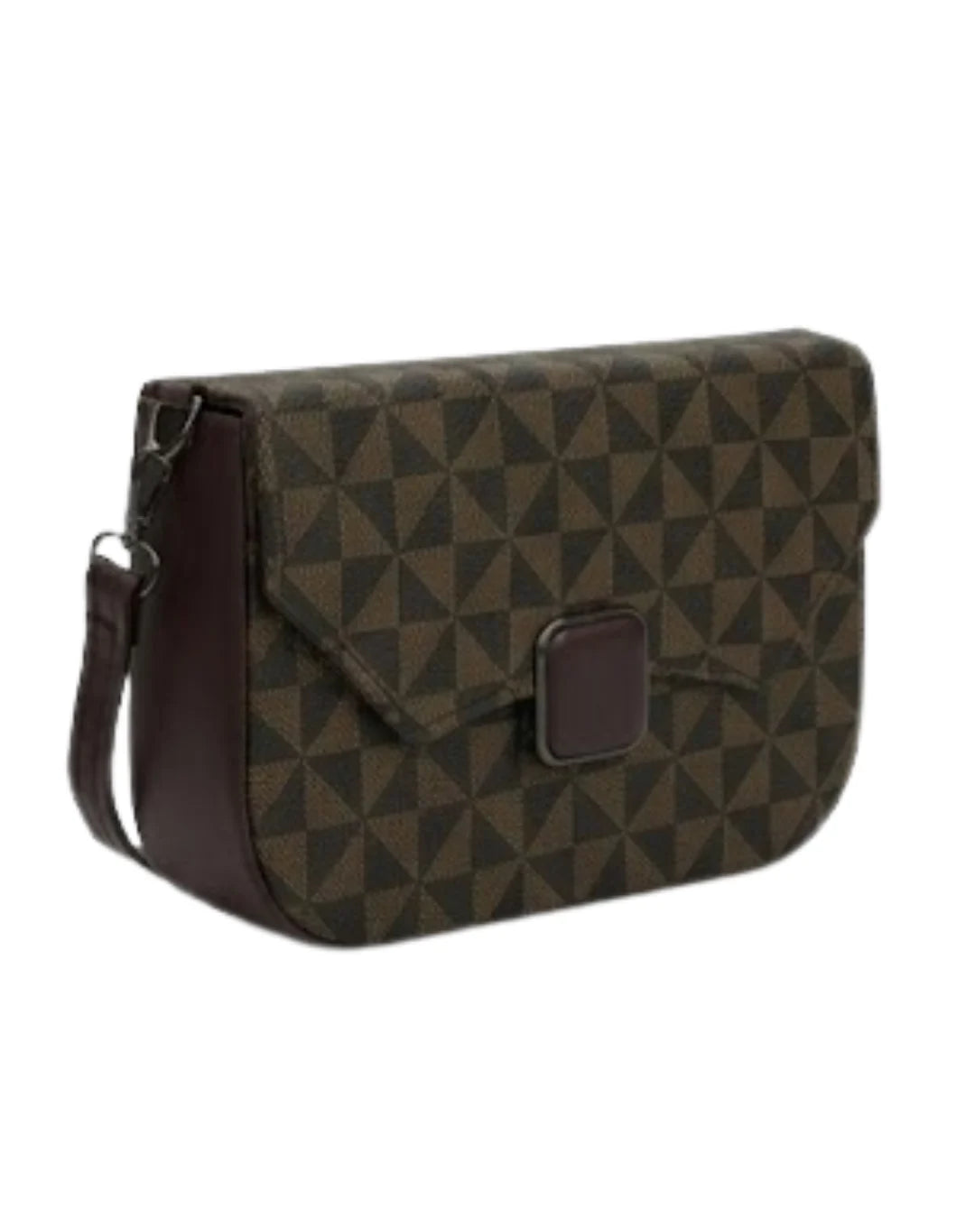 Brown geometric patterned bag with a strap on a white background