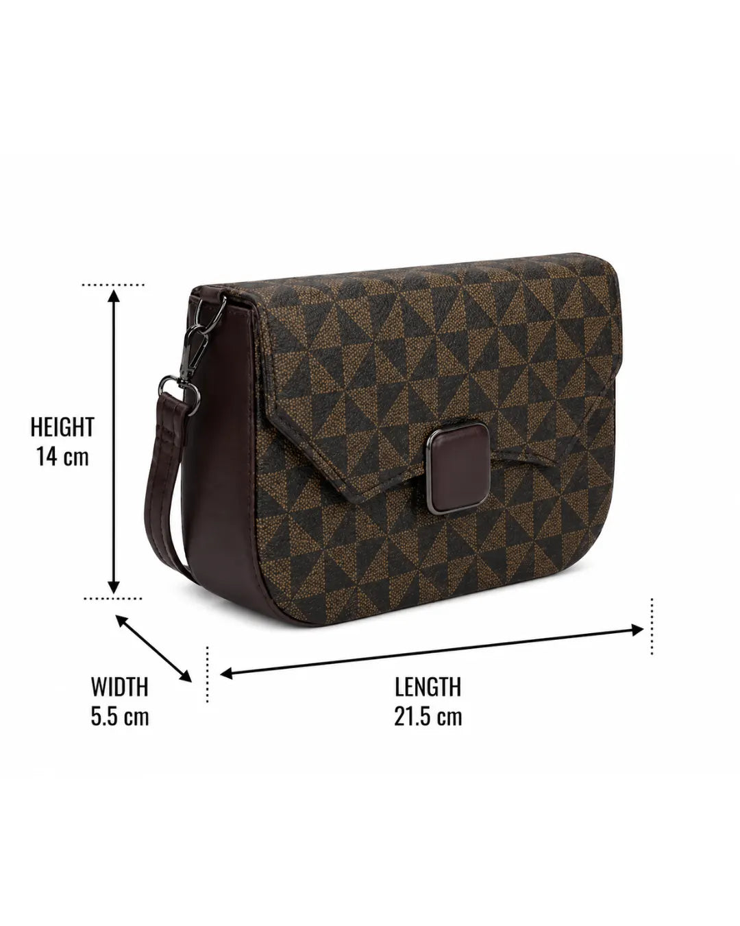 Brown patterned handbag with measurements on a white background