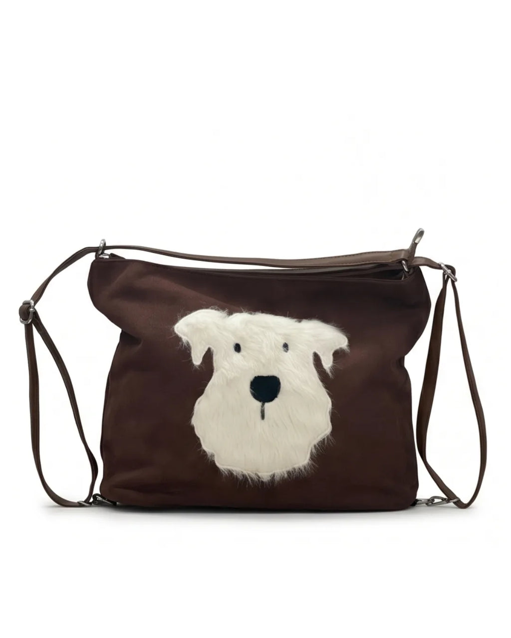 Dog Applique Hobo Bag - Quirky Fashion - Brown