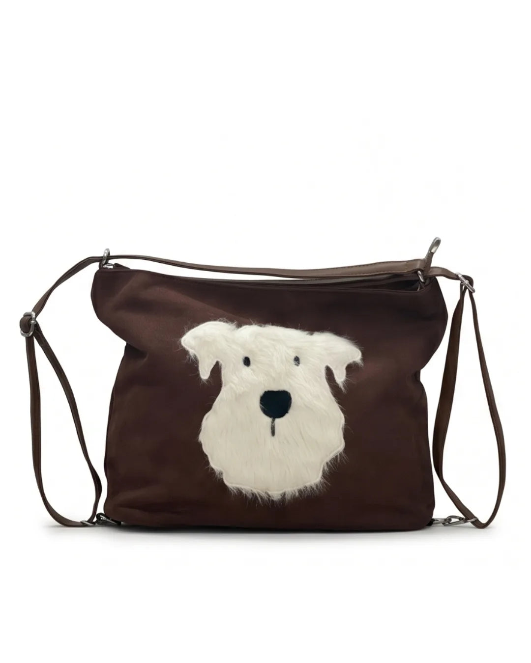 Dog Applique Hobo Bag - Quirky Fashion - Brown