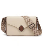 Beige handbag with a brown and beige patterned strap on a white background