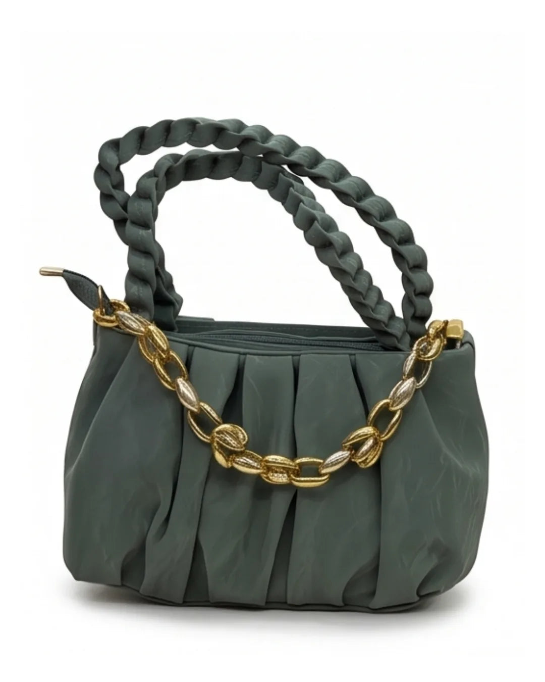 Green handbag with braided handle and gold chain detail on a white background