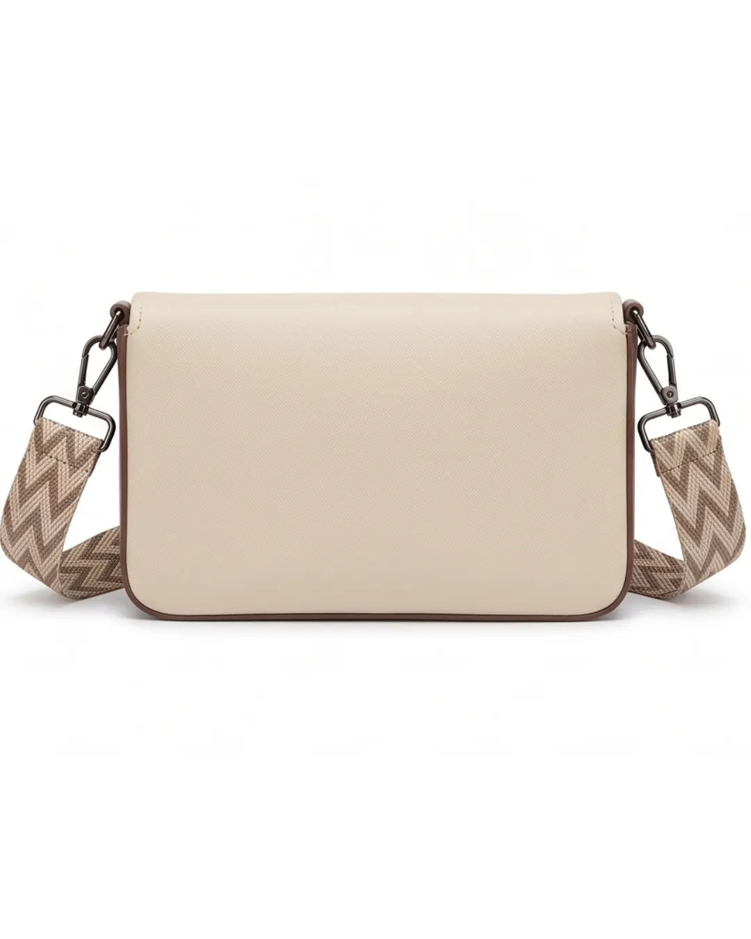 Beige crossbody bag with a zigzag strap on a white background
