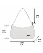 White handbag with measurements on a white background