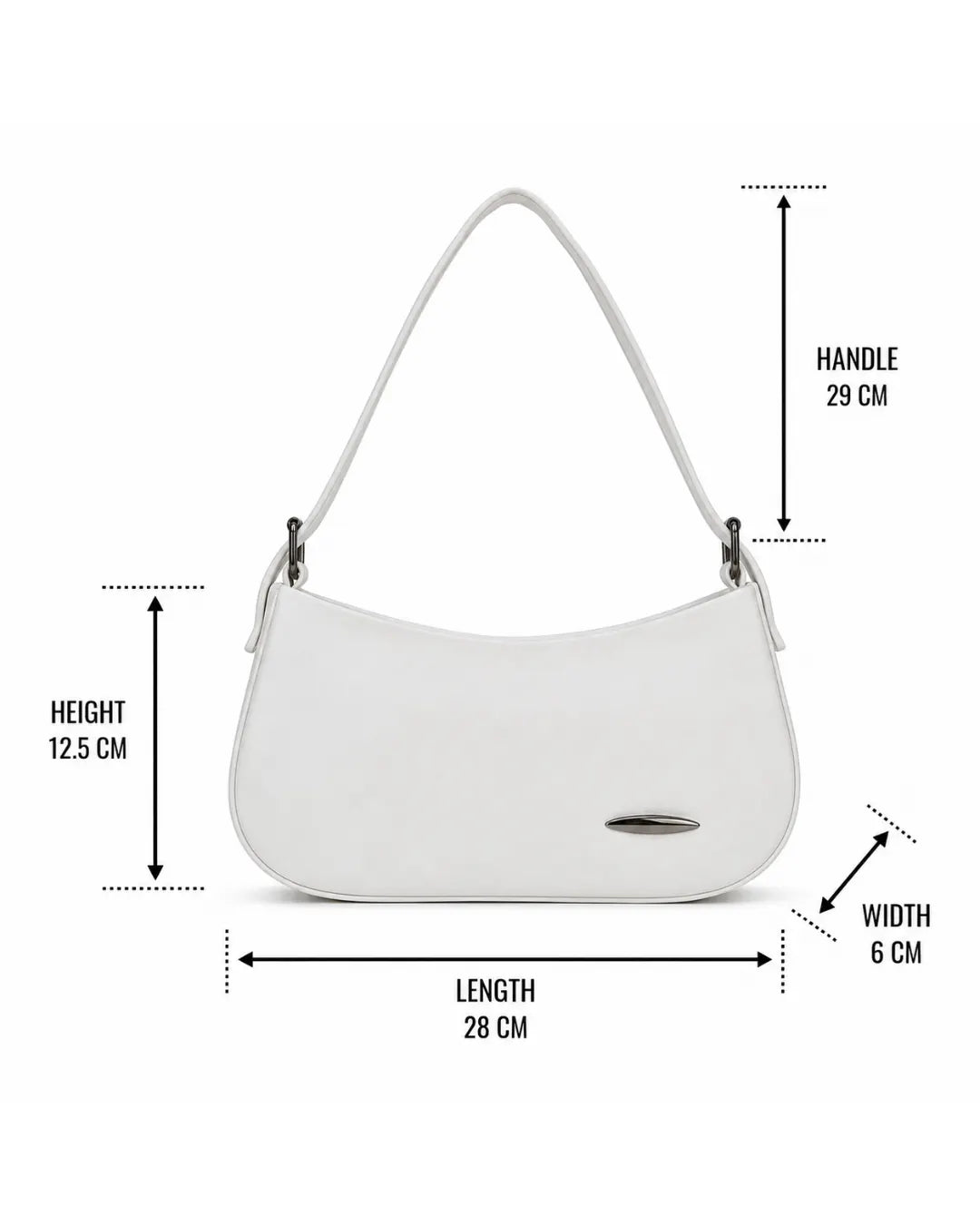 White handbag with measurements on a white background