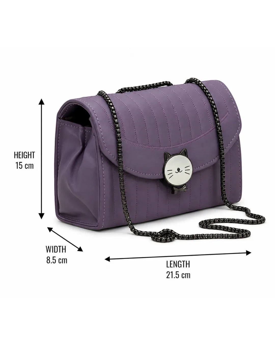 Purple handbag with chain detail and measurements on a white background