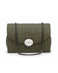 Green handbag with cat face emblem on a white background