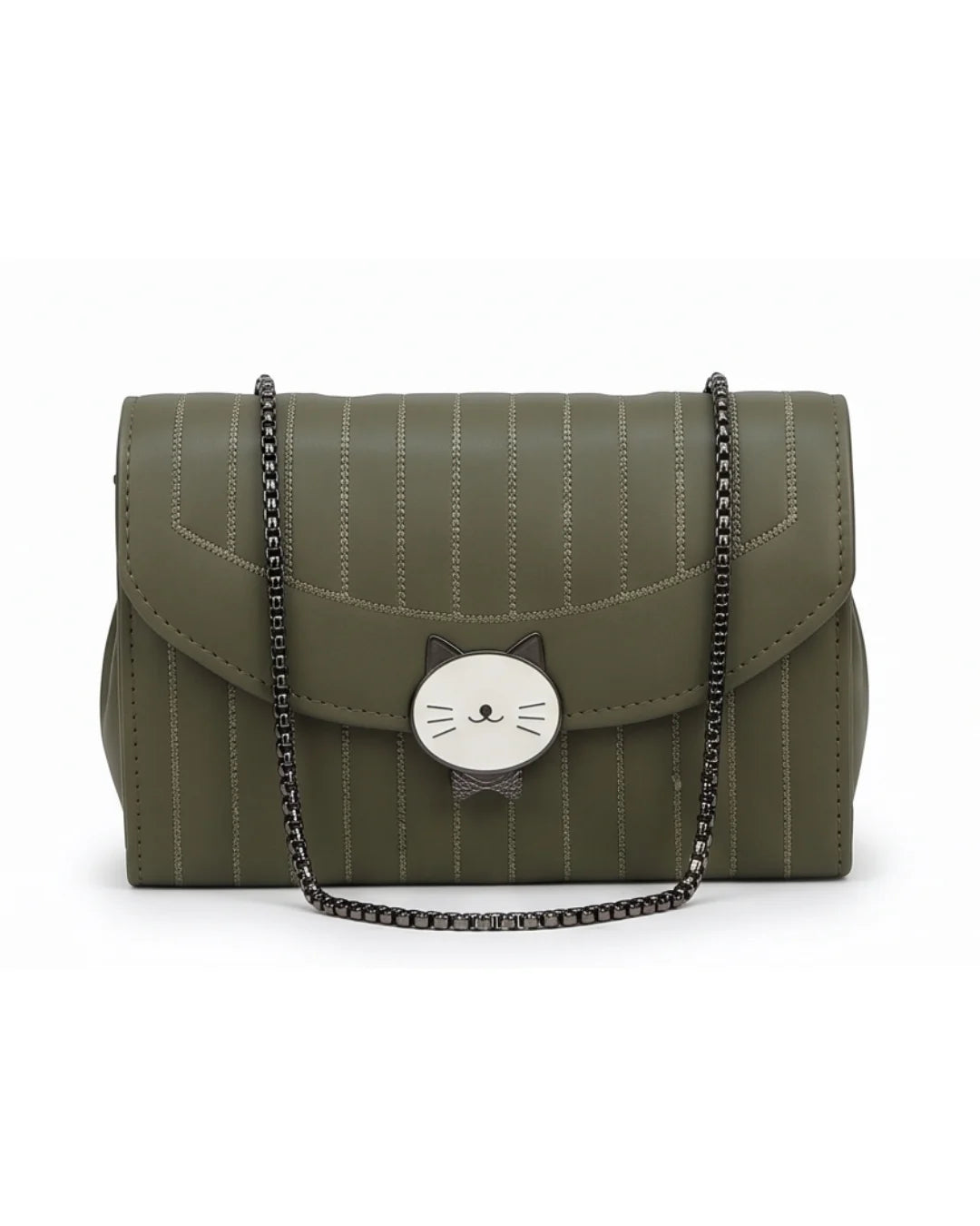 Green handbag with cat face emblem on a white background
