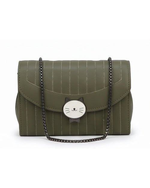 Green handbag with cat face emblem on a white background