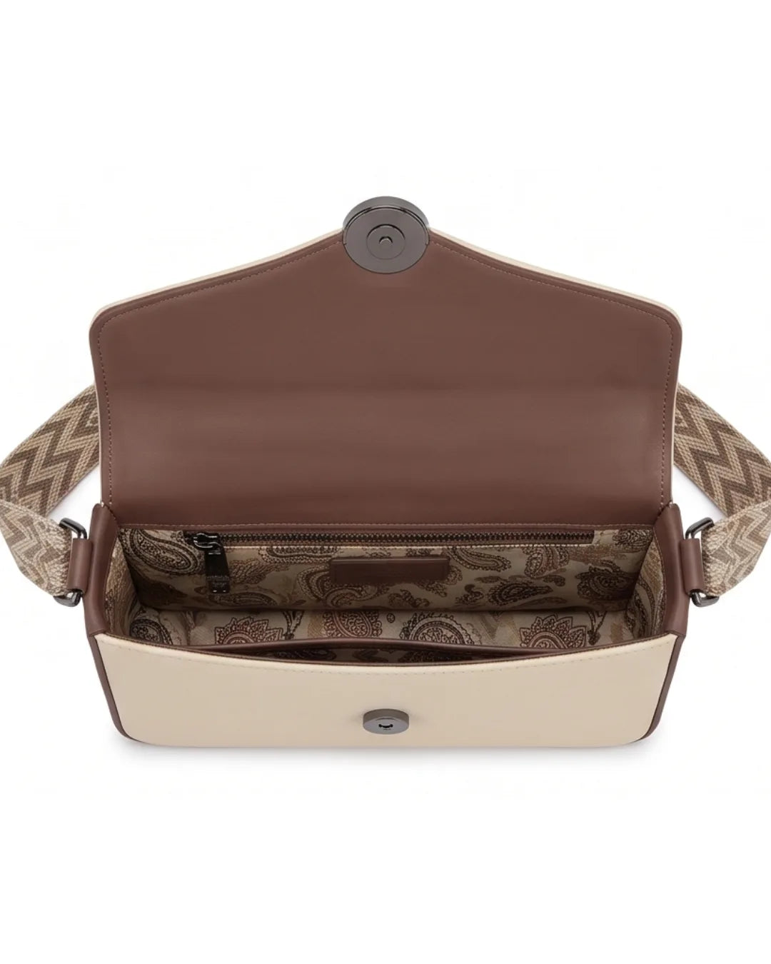 Open handbag with brown interior and beige exterior on a white background