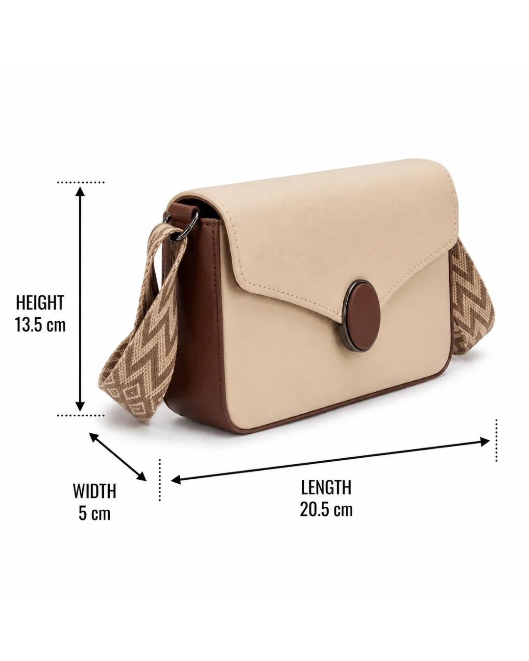 Beige handbag with brown accents and measurements on a white background