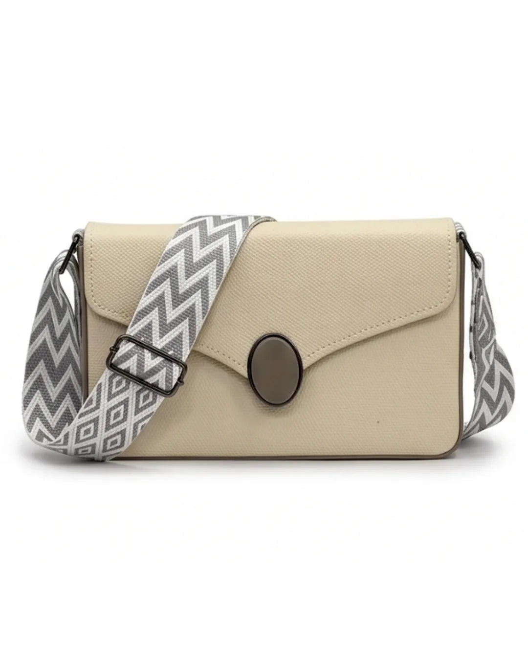 Beige handbag with a gray and white zigzag strap on a white background