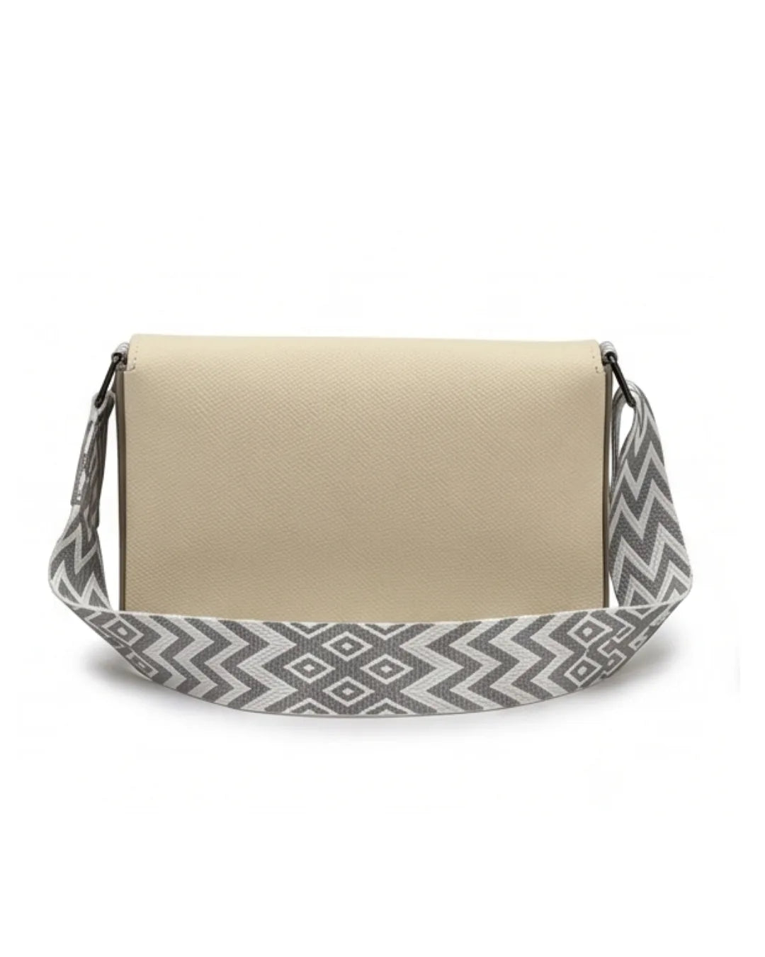 Beige handbag with a gray and white geometric patterned strap on a white background