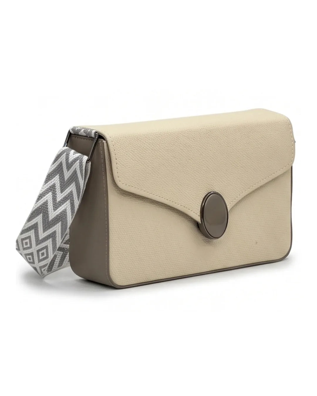 Beige handbag with a patterned strap on a white background